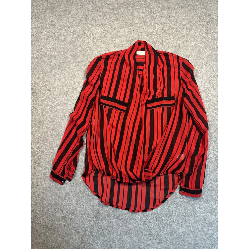 Bisou Bisou Red Black Striped Surplice Wrap Blouse Long Sleeve Sheer Top Small